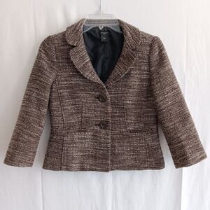 Ann Taylor Wool Blazer Women 4P Brown Tweed Textured Peplum Jacket